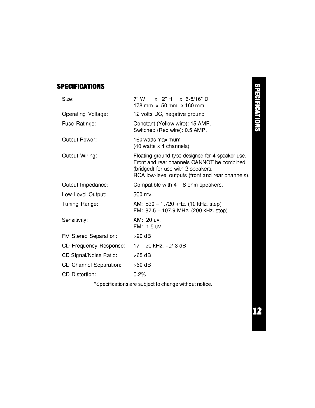 Audiovox ACD-84 owner manual Specifications 