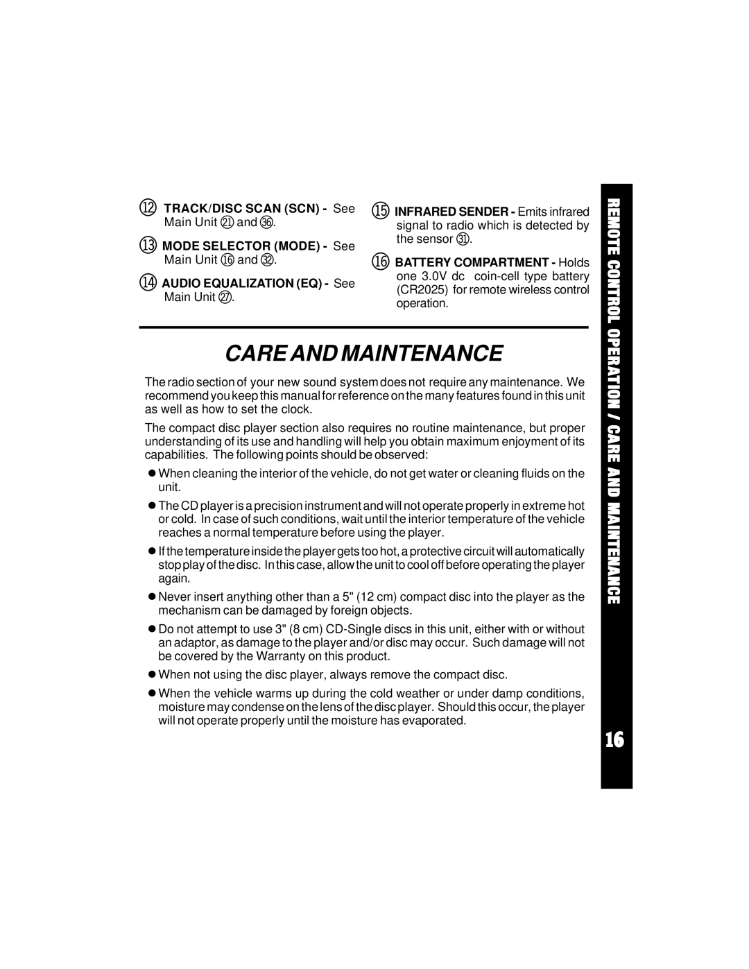 Audiovox ACD-84 owner manual Operation / Care and Maintenance, TRACK/DISC Scan SCN See, Mode Selector Mode See 