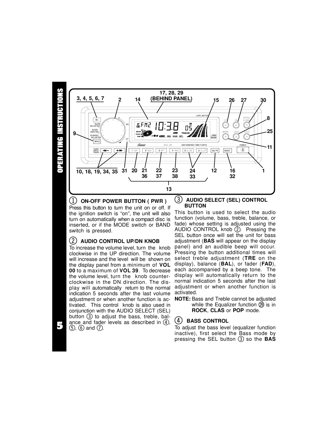 Audiovox ACD-84 Operating Instructions, Behind Panel, Audio Control UP/DN Knob, Audio Select SEL Control Button 