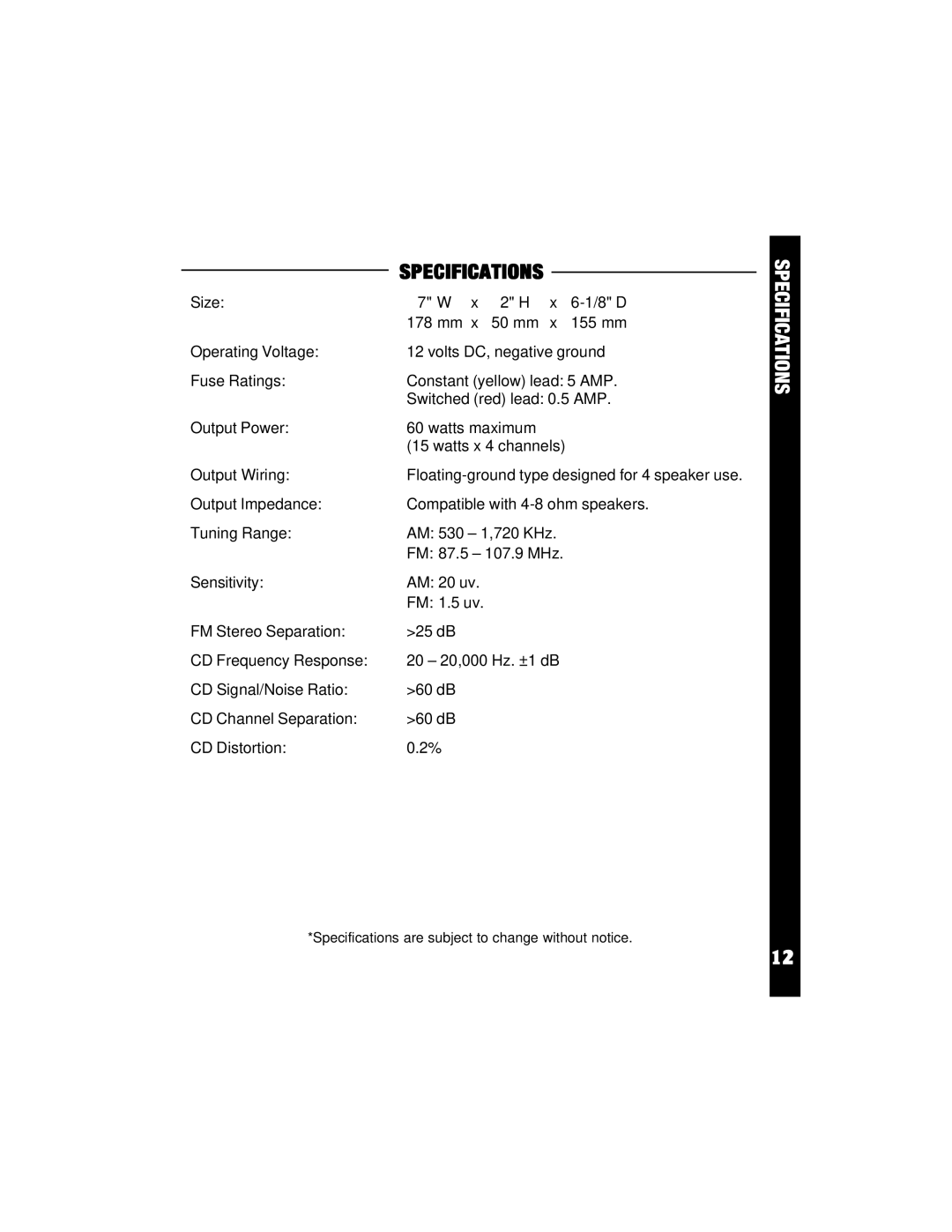 Audiovox ACD16 owner manual Specifications 