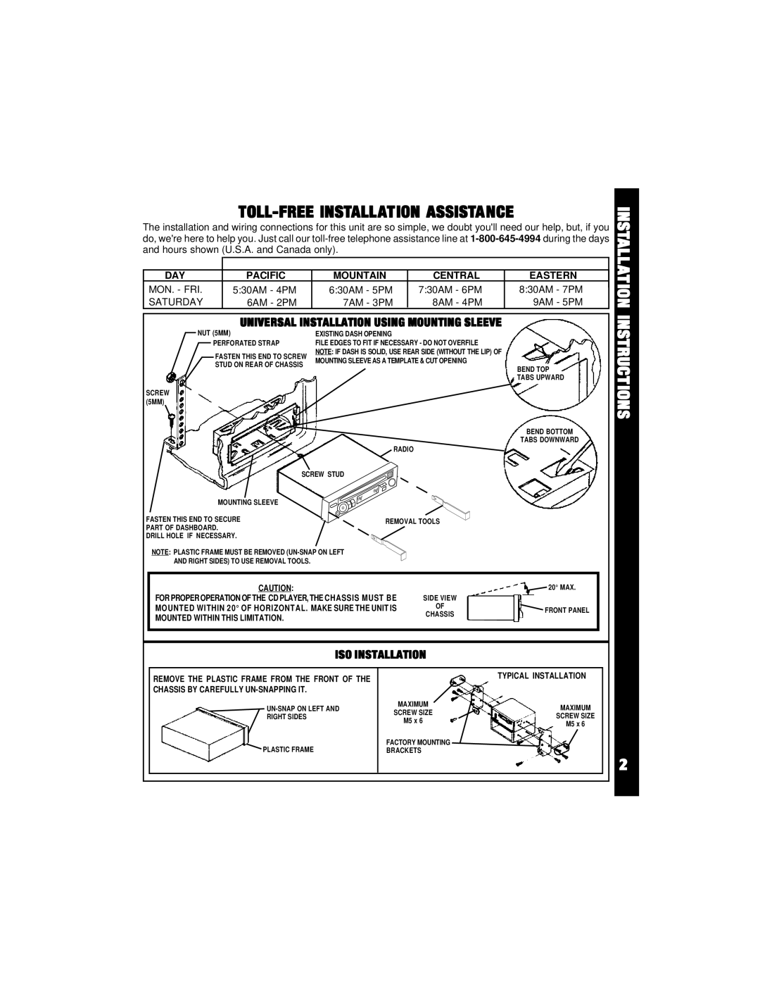 Audiovox ACD16 owner manual TOLL-FREE Installation Assistance, Instructions 