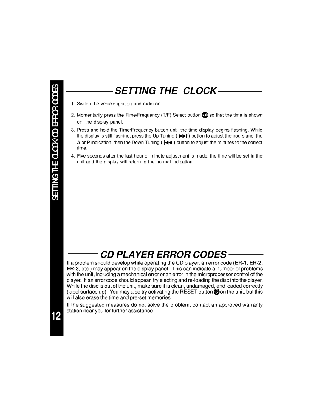 Audiovox ACD28 manual Setting the Clock, Setting the CLOCK/CD Error Codes 