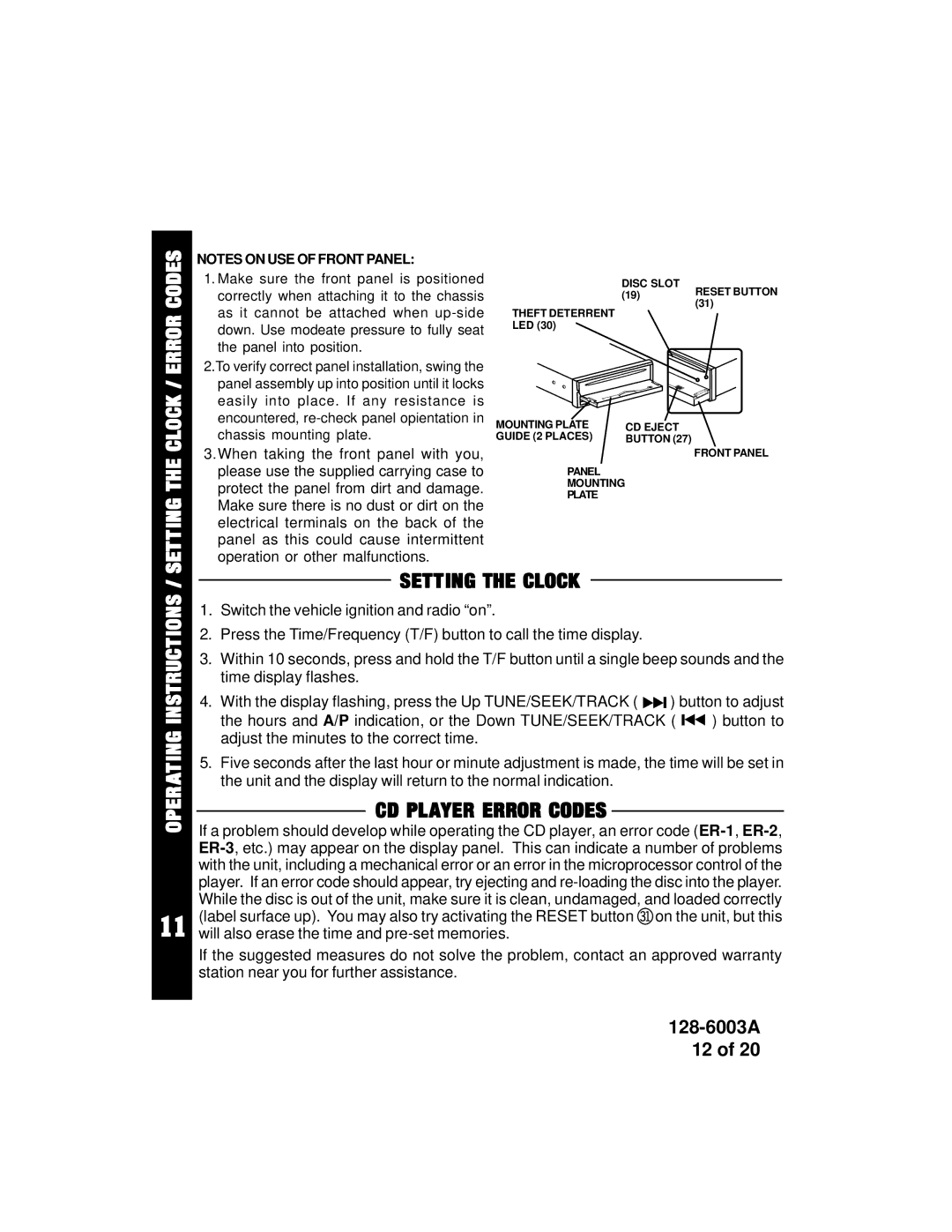 Audiovox ACD83 owner manual Setting the Clock / Error Codes, CD Player Error Codes 