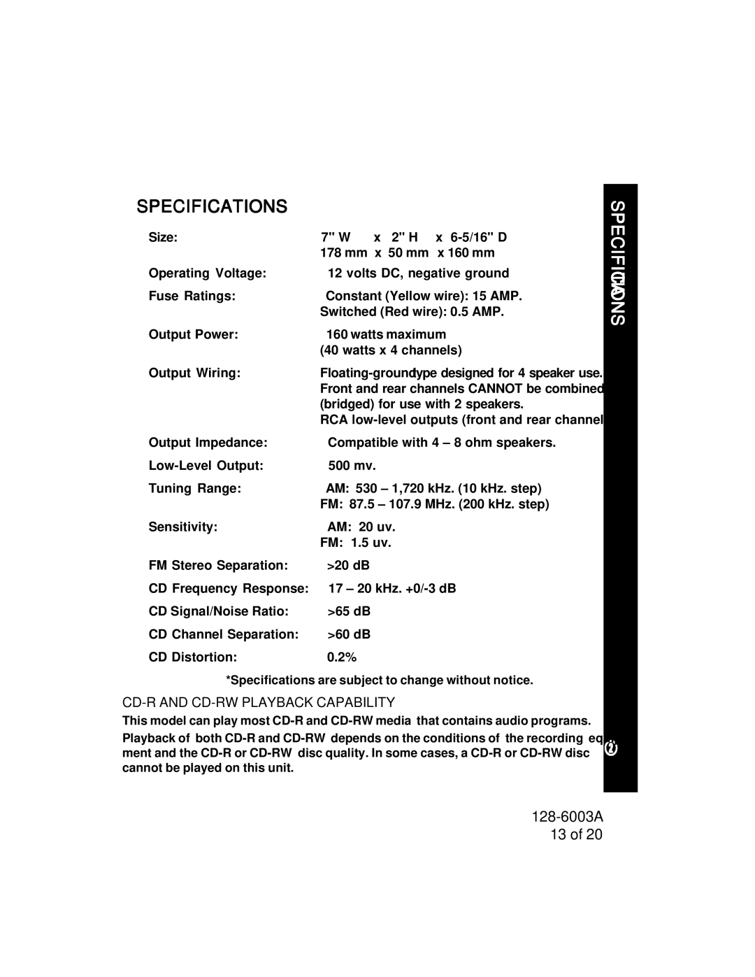 Audiovox ACD83 owner manual Specifications 