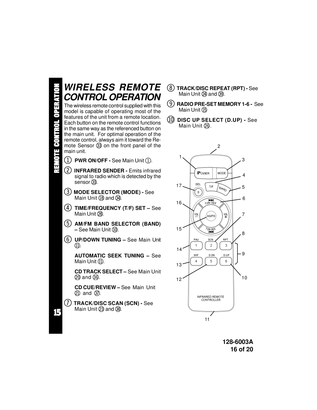 Audiovox ACD83 owner manual Remote Control Operation, AM/FM Band Selector Band 