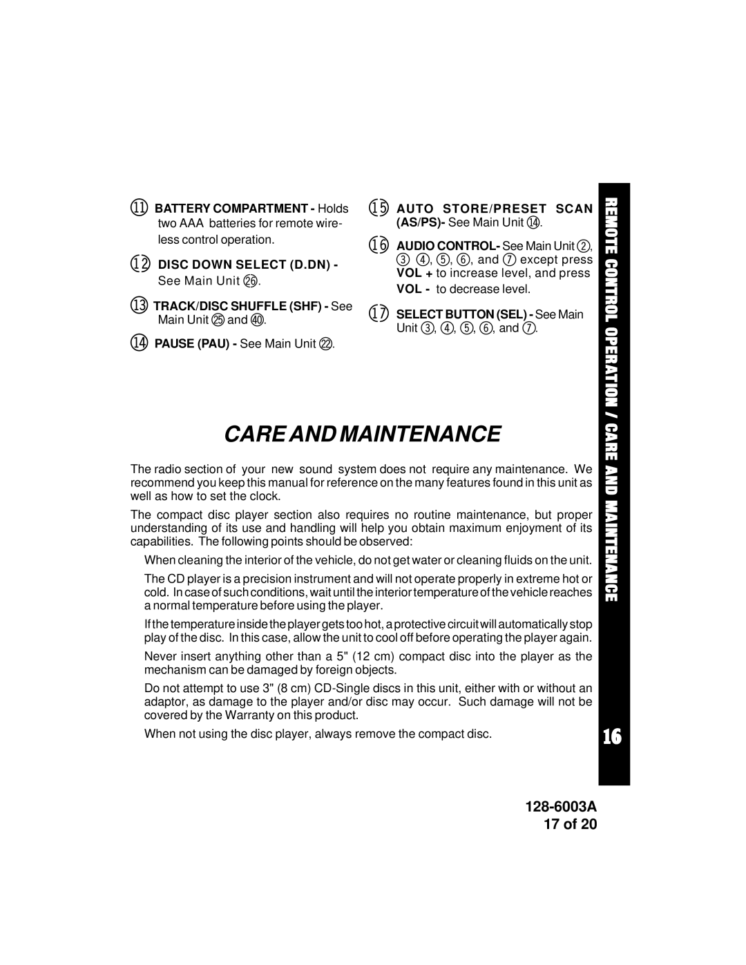 Audiovox ACD83 owner manual Care and Maintenance, Select Button SEL See Main 