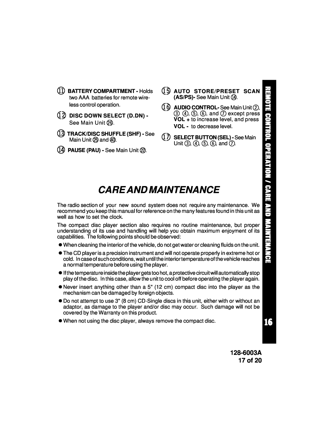 Audiovox ACD83 owner manual Care And Maintenance, 128-6003A 17 of, Remote Control Operation, bq br bs, b n bo bp 