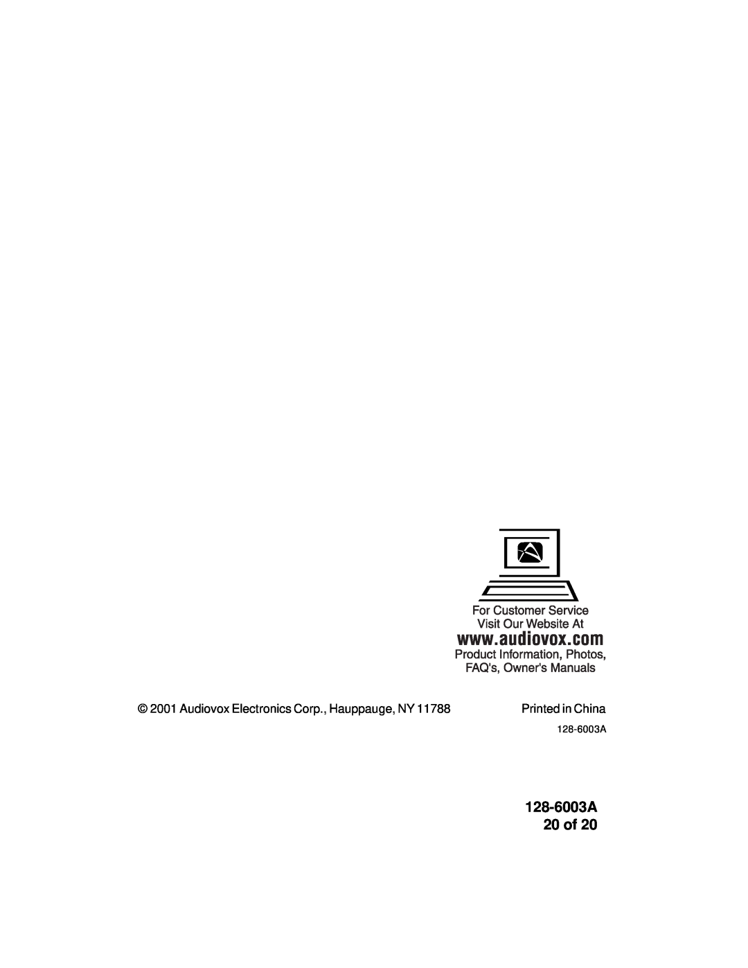 Audiovox ACD83 owner manual 128-6003A 20 of, Audiovox Electronics Corp., Hauppauge, NY 