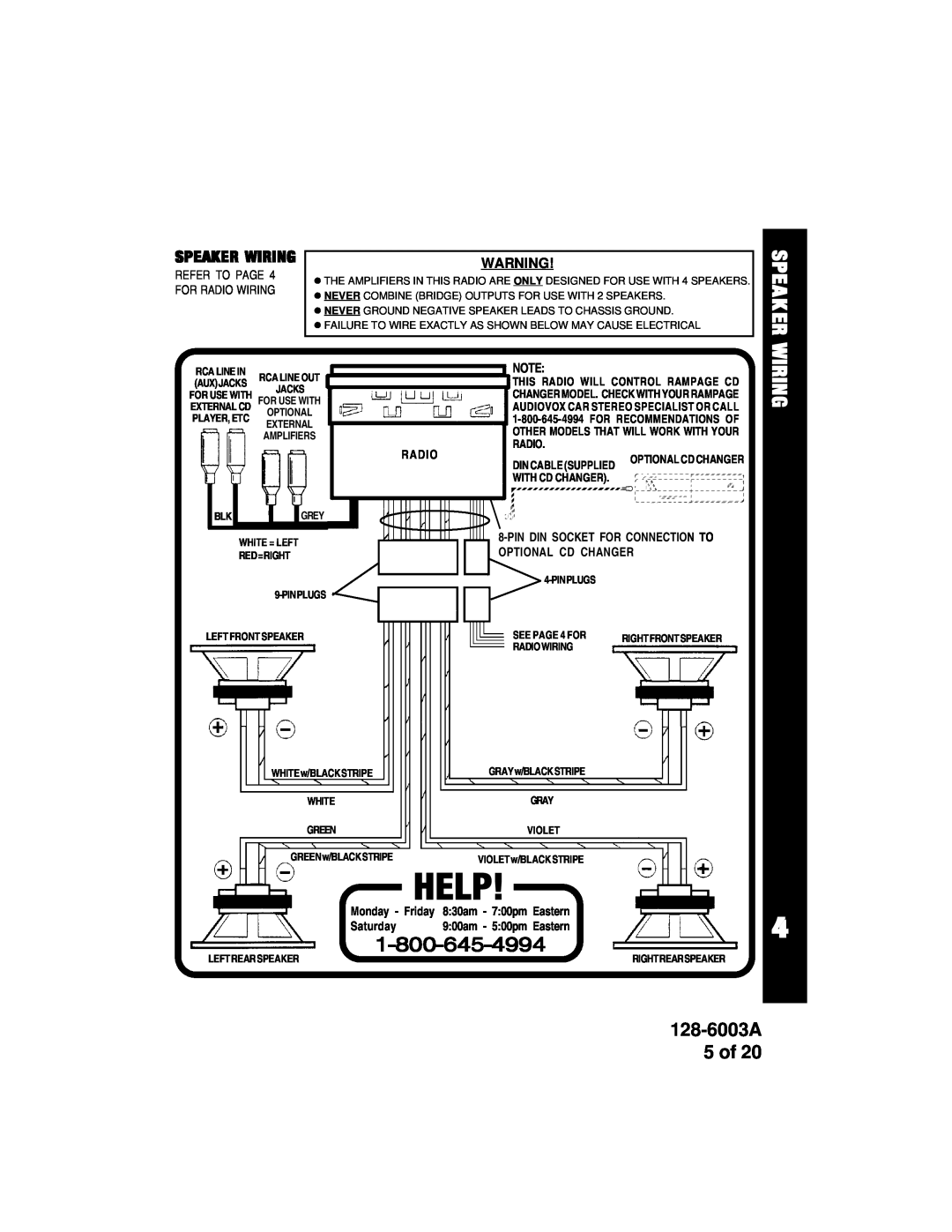 Audiovox ACD83 owner manual Speak Er Wiring, 128-6003A 5 of, Help, Speaker Wiring, Radio, With Cd Changer 