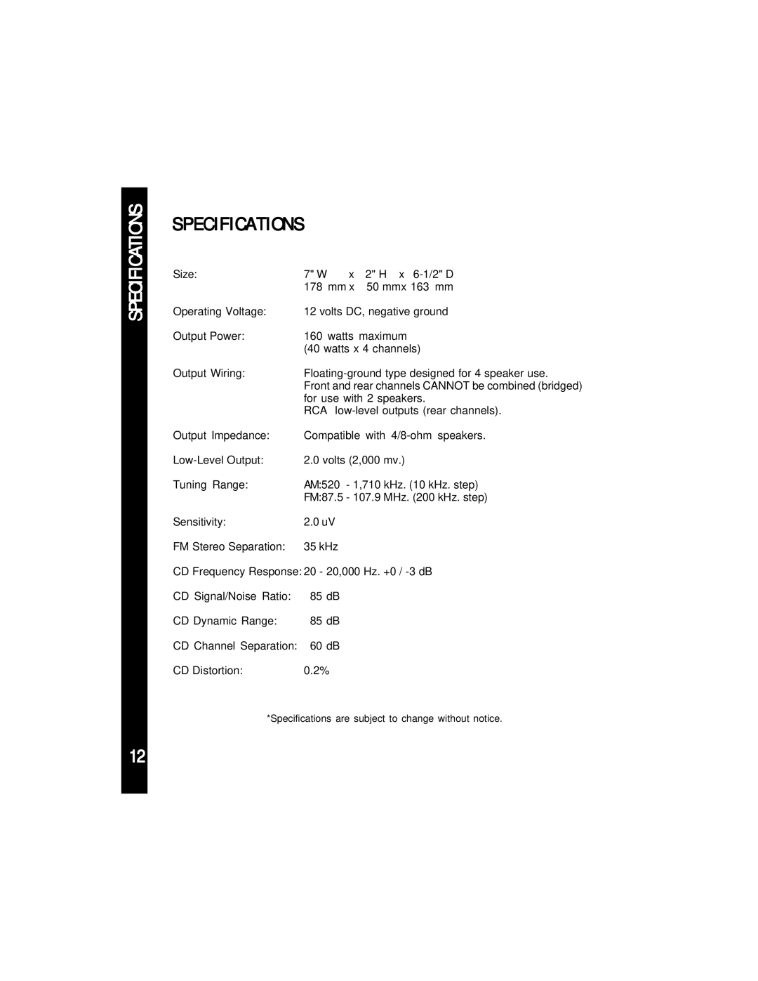 Audiovox ACD85 manual Specifications 