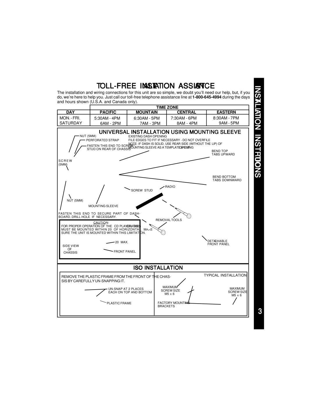 Audiovox ACD85 manual TOLL-FREE Installation Assistance, Instructions 