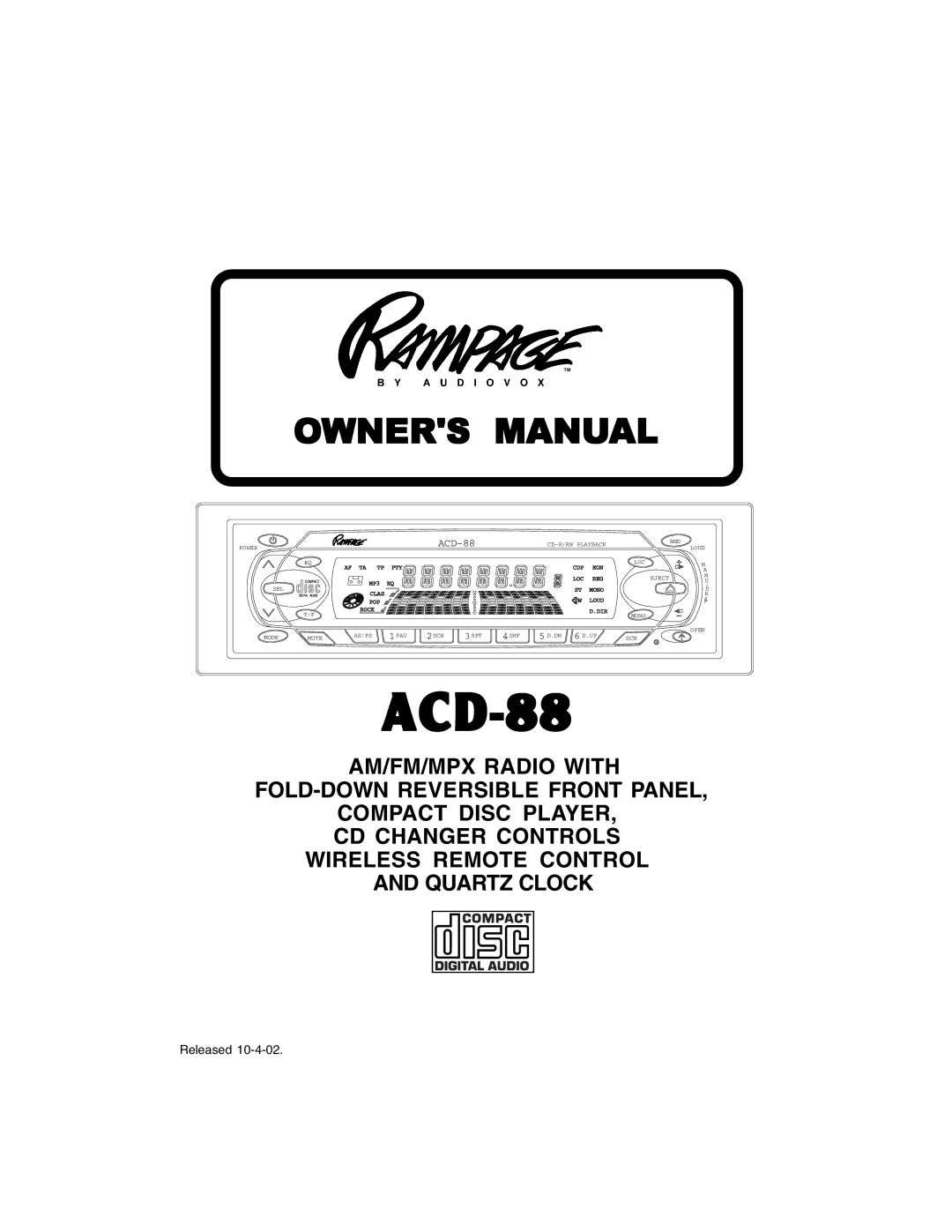 Audiovox ACD88 manual ACD-88 