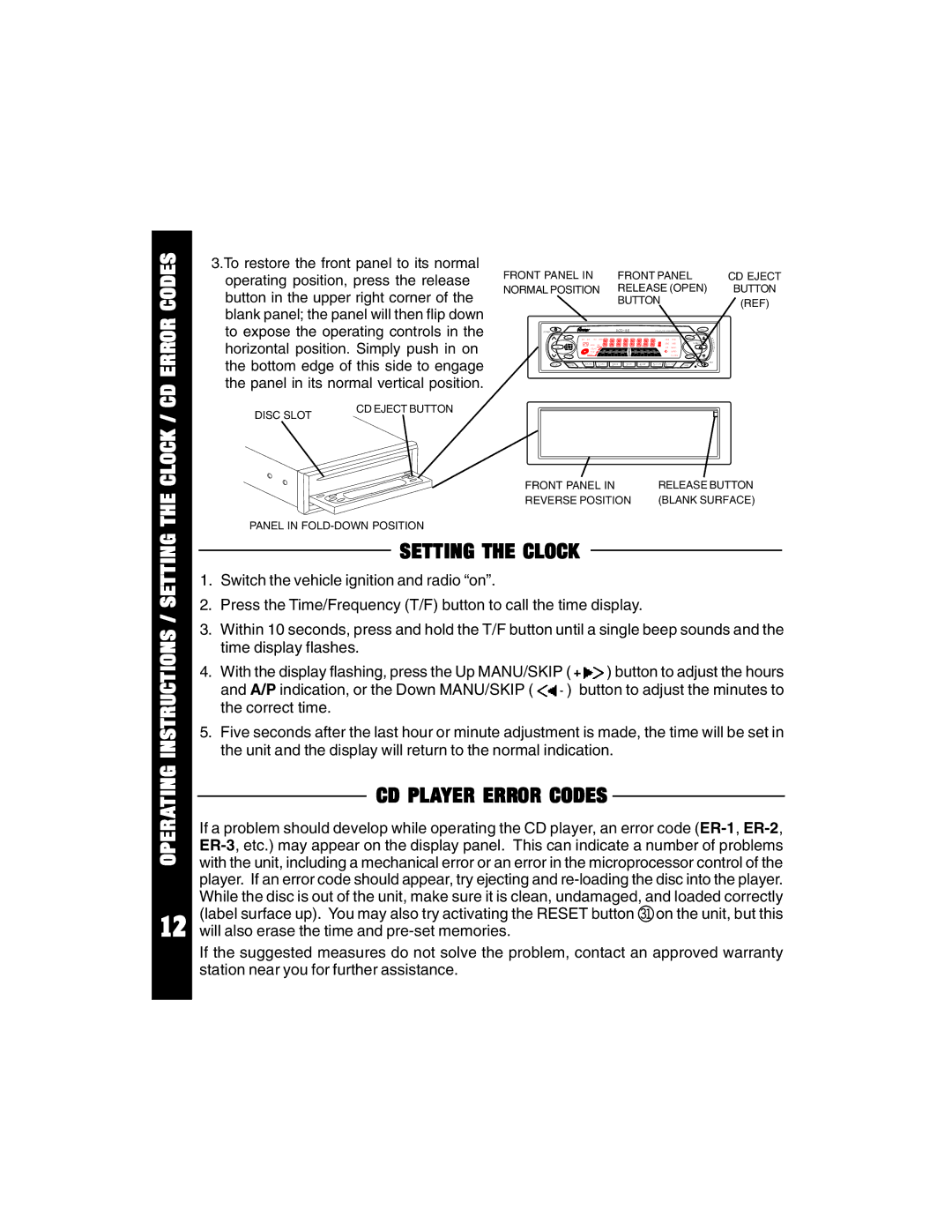 Audiovox ACD88 manual CD Error Codes, Front Panel CD Eject Normal Position Release Open Button 