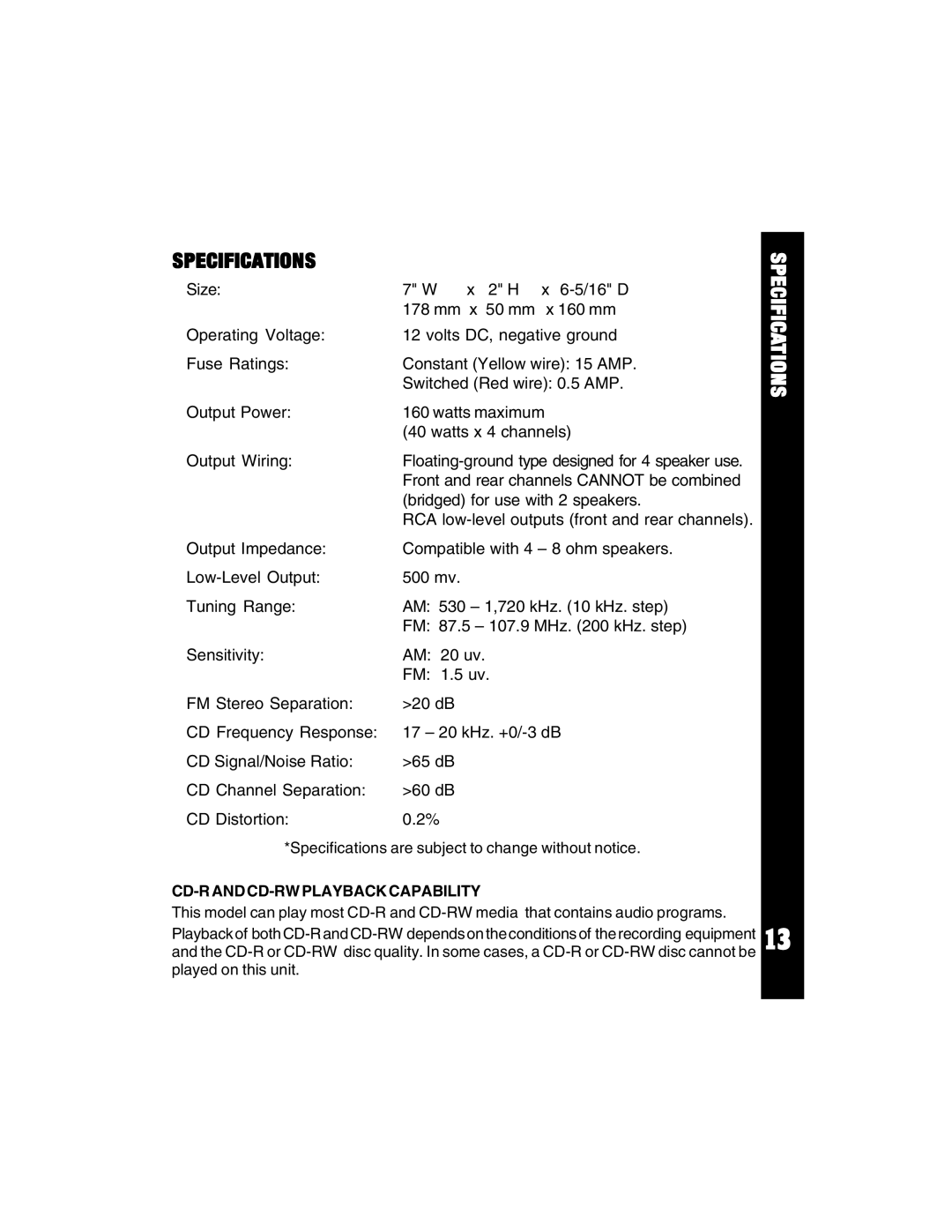 Audiovox ACD88 manual Specifications, CD-R and CD-RW Playback Capability 