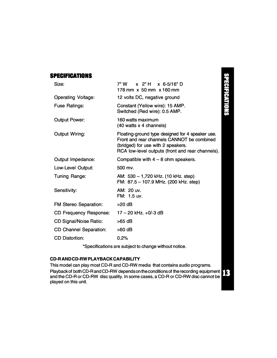 Audiovox ACD88 manual Specifications 