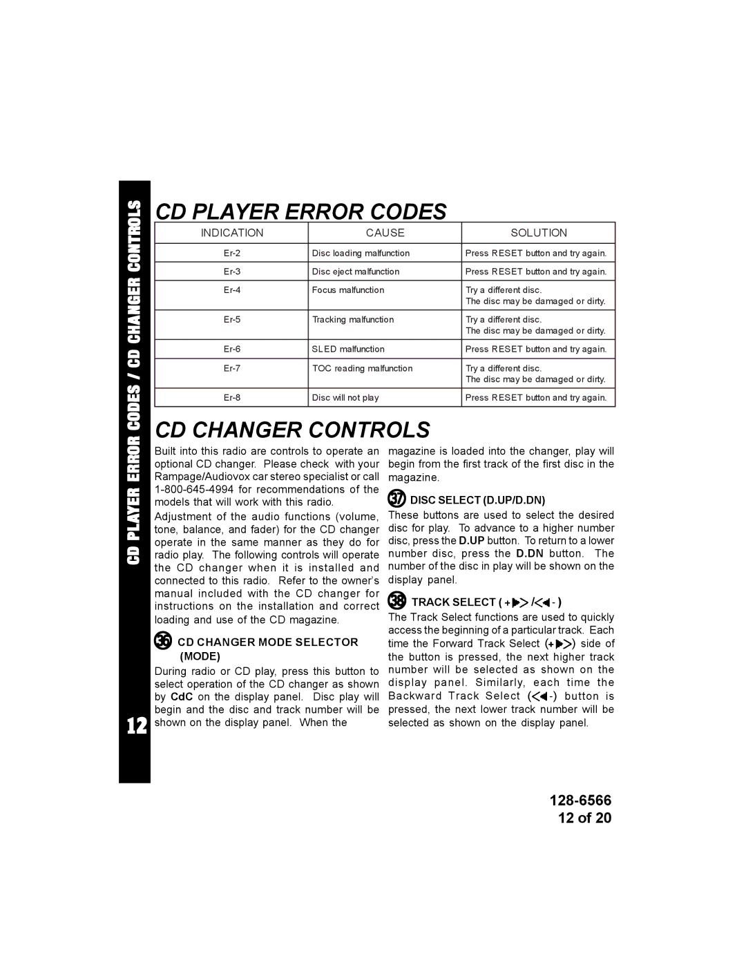 Audiovox ACD95 CD Player Error Codes, CD Changer Controls, Dr CD Changer Mode Selector Mode, Ds Disc Select D.UP/D.DN 