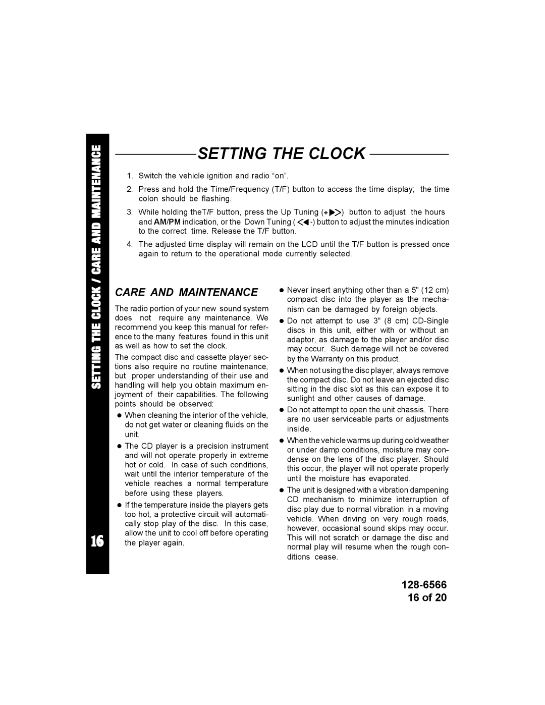 Audiovox ACD95 manual Setting the Clock, Care and Maintenance 