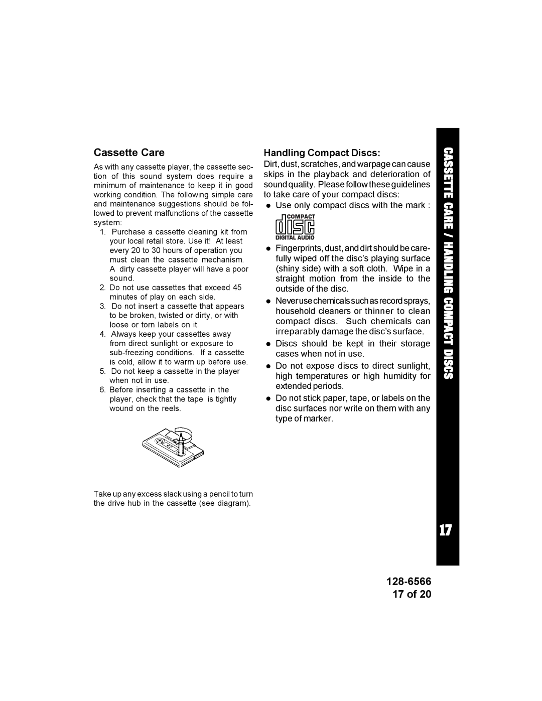 Audiovox ACD95 manual Care 