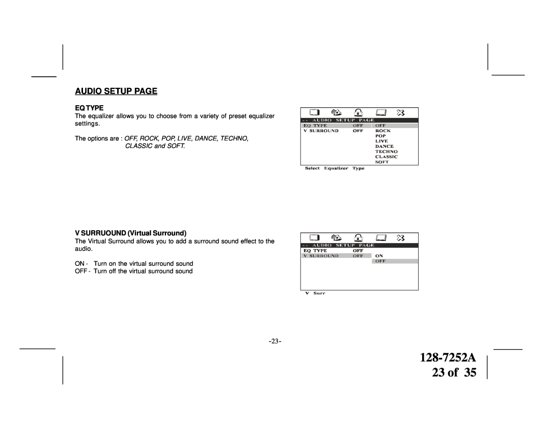 Audiovox ADV200S, ADV200P, ADV200B manual 128-7252A 23 of, Audio Setup Page, Eq Type, V SURRUOUND Virtual Surround 