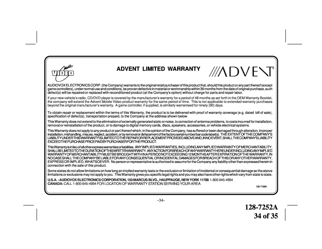Audiovox ADV200B, ADV200P, ADV200S manual 128-7252A 34 of, Advent Limited Warranty 
