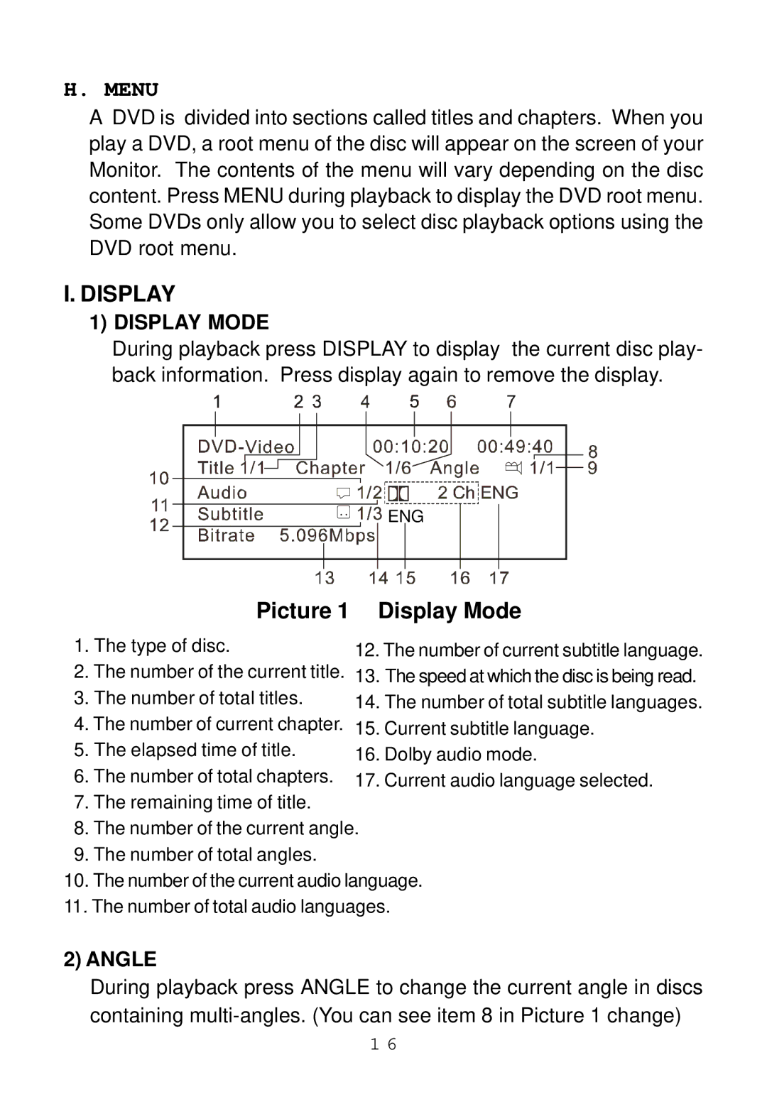 Audiovox ADV8SR installation manual Picture 1 Display Mode, Angle 