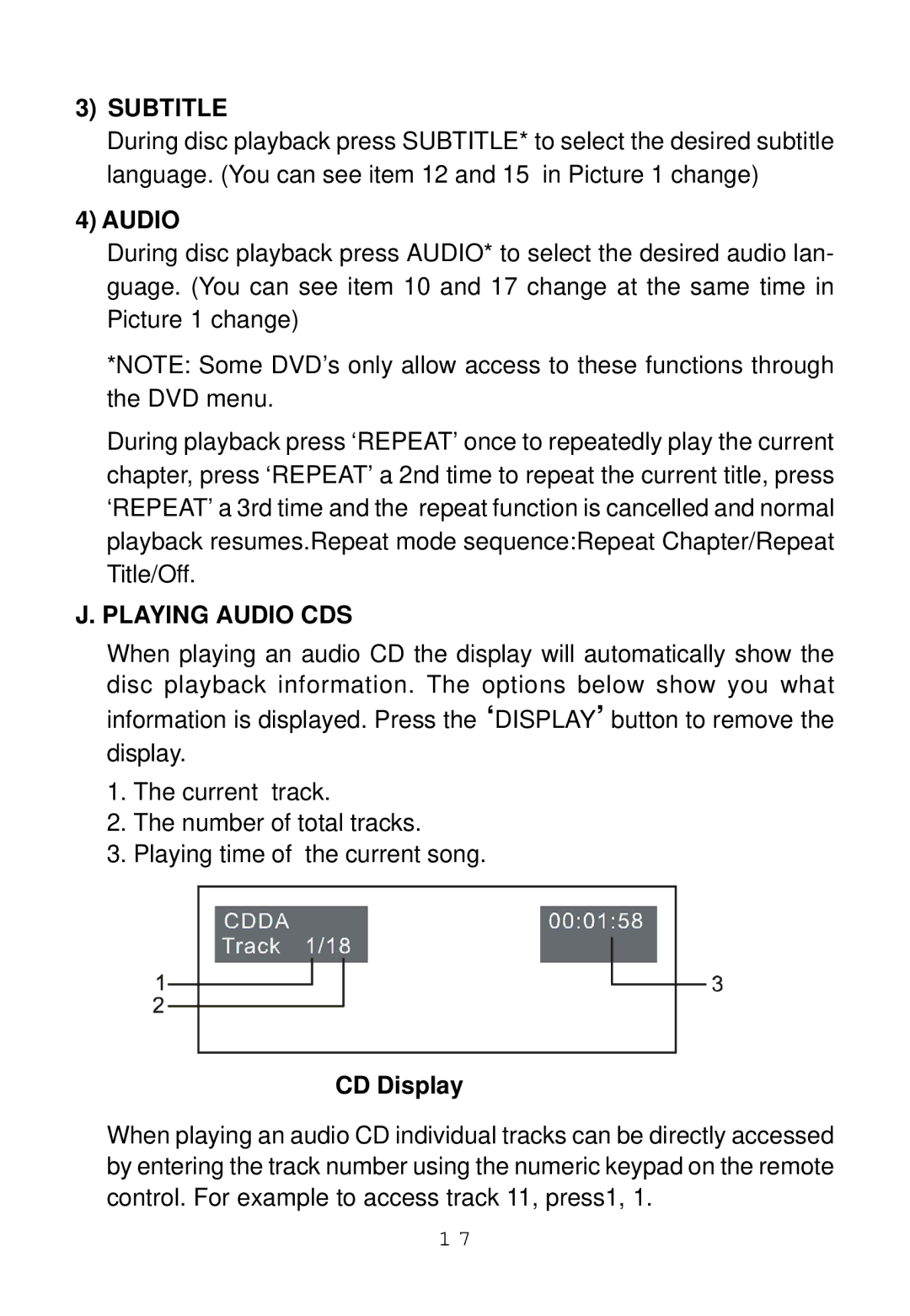 Audiovox ADV8SR installation manual Subtitle, Playing Audio CDS, CD Display 