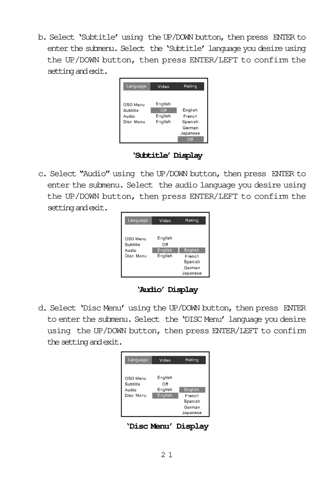 Audiovox ADV8SR installation manual ‘Subtitle’ Display, ‘Audio’ Display, ‘Disc Menu’ Display 