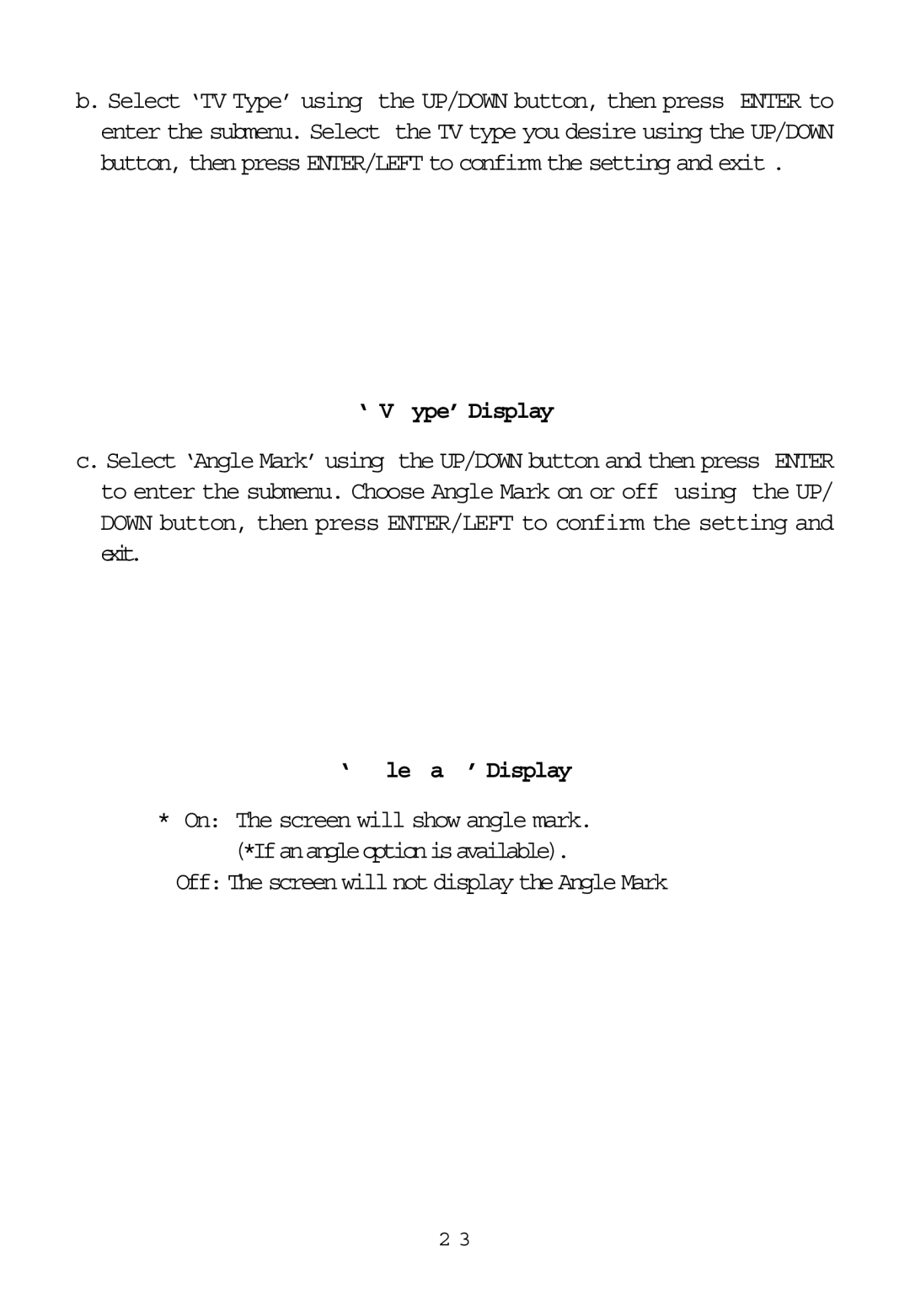 Audiovox ADV8SR installation manual ‘TV Type’ Display, ‘Angle Mark’ Display 