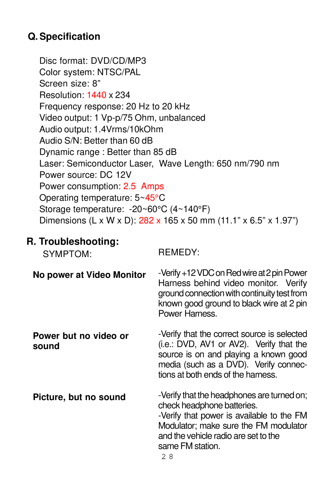 Audiovox ADV8SR installation manual Specification, Troubleshooting, No power at Video Monitor, Power but no video or sound 