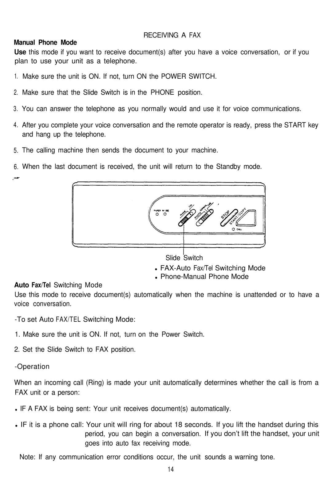 Audiovox AFX-1000 operation manual Receiving a FAX, Manual Phone Mode 