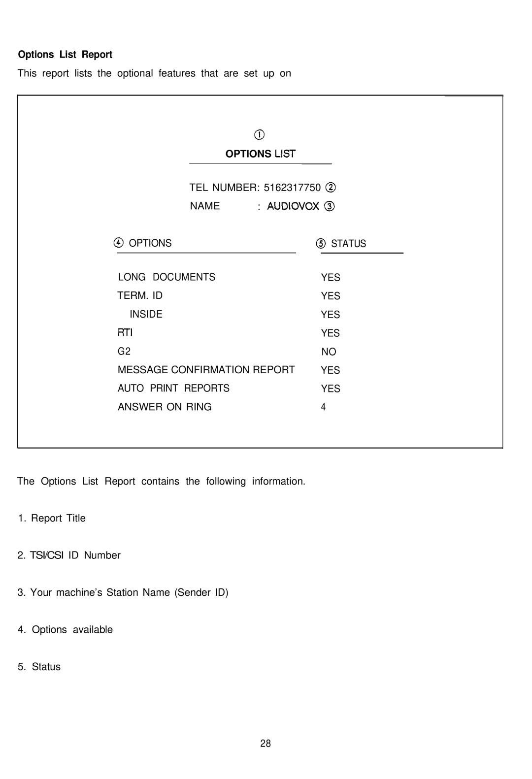 Audiovox AFX-1000 operation manual Options List Report 