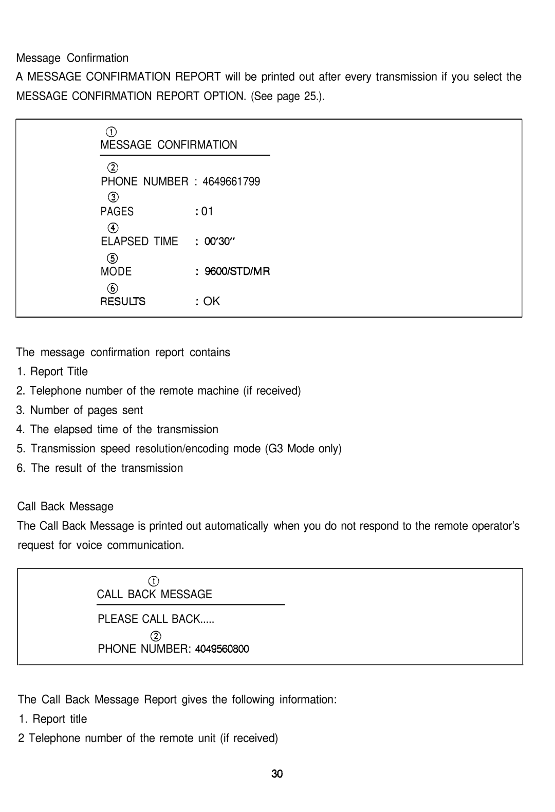 Audiovox AFX-1000 Message Confirmation, Pages Elapsed Time, Mode Results, Call Back Message Please Call Back 