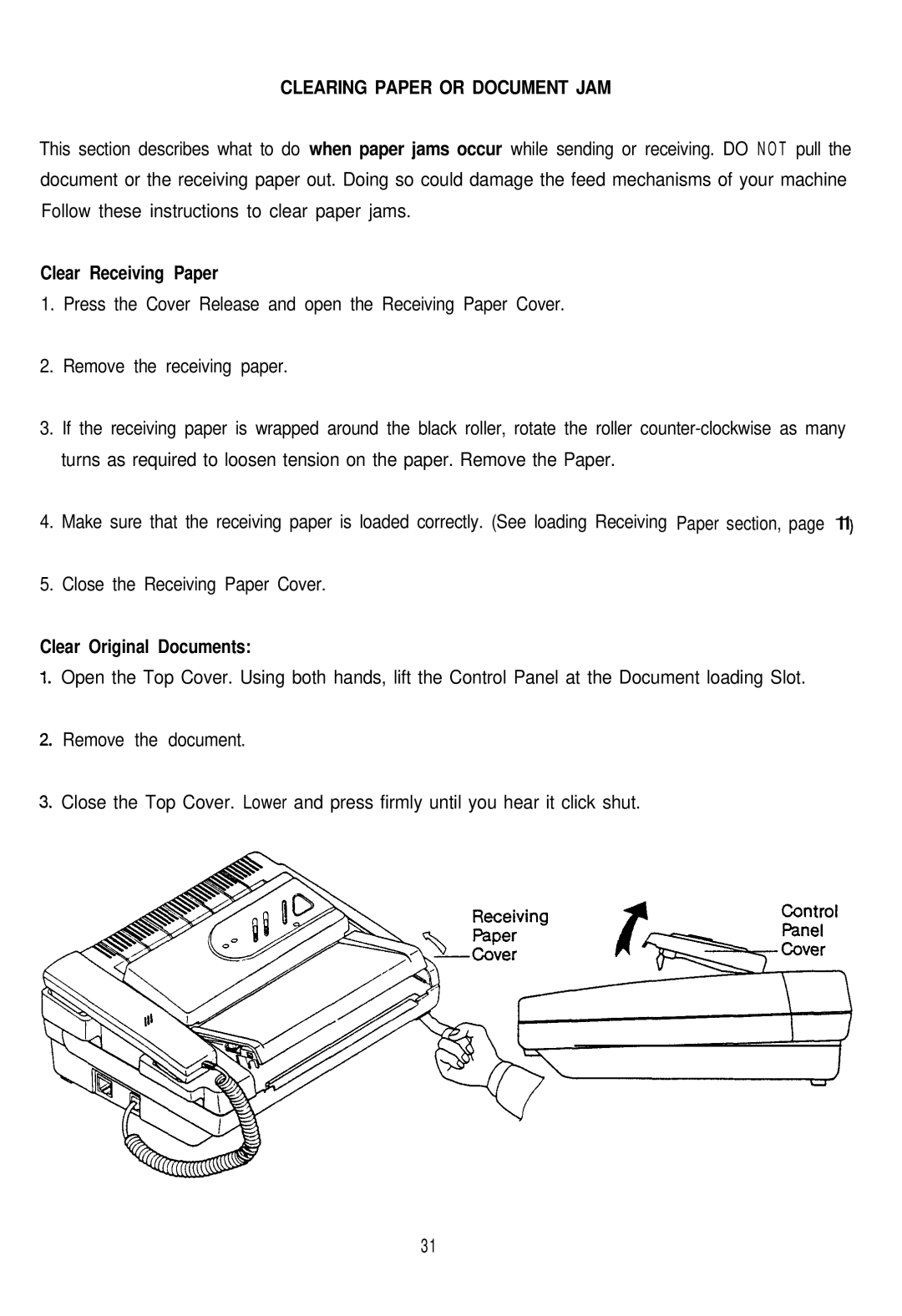 Audiovox AFX-1000 operation manual Clearing Paper or Document JAM, Clear Receiving Paper, Clear Original Documents 