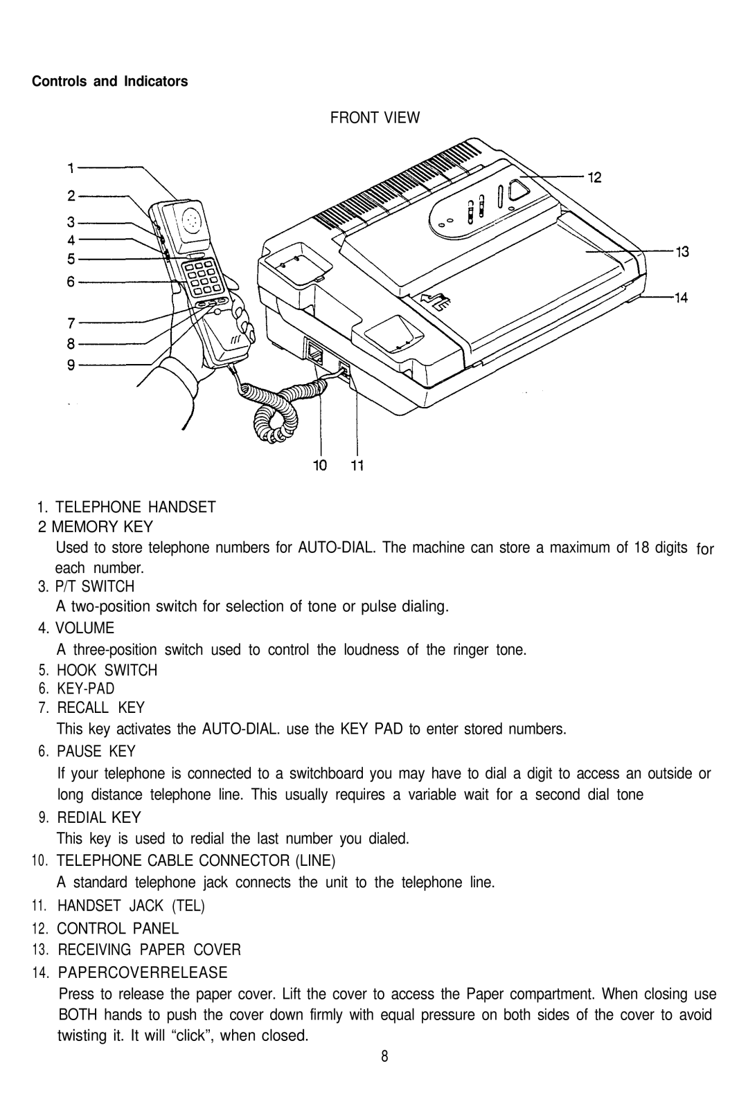 Audiovox AFX-1000 Front View Telephone Handset Memory KEY, T Switch, Volume, Hook Switch KEY-PAD Recall KEY, Pause KEY 