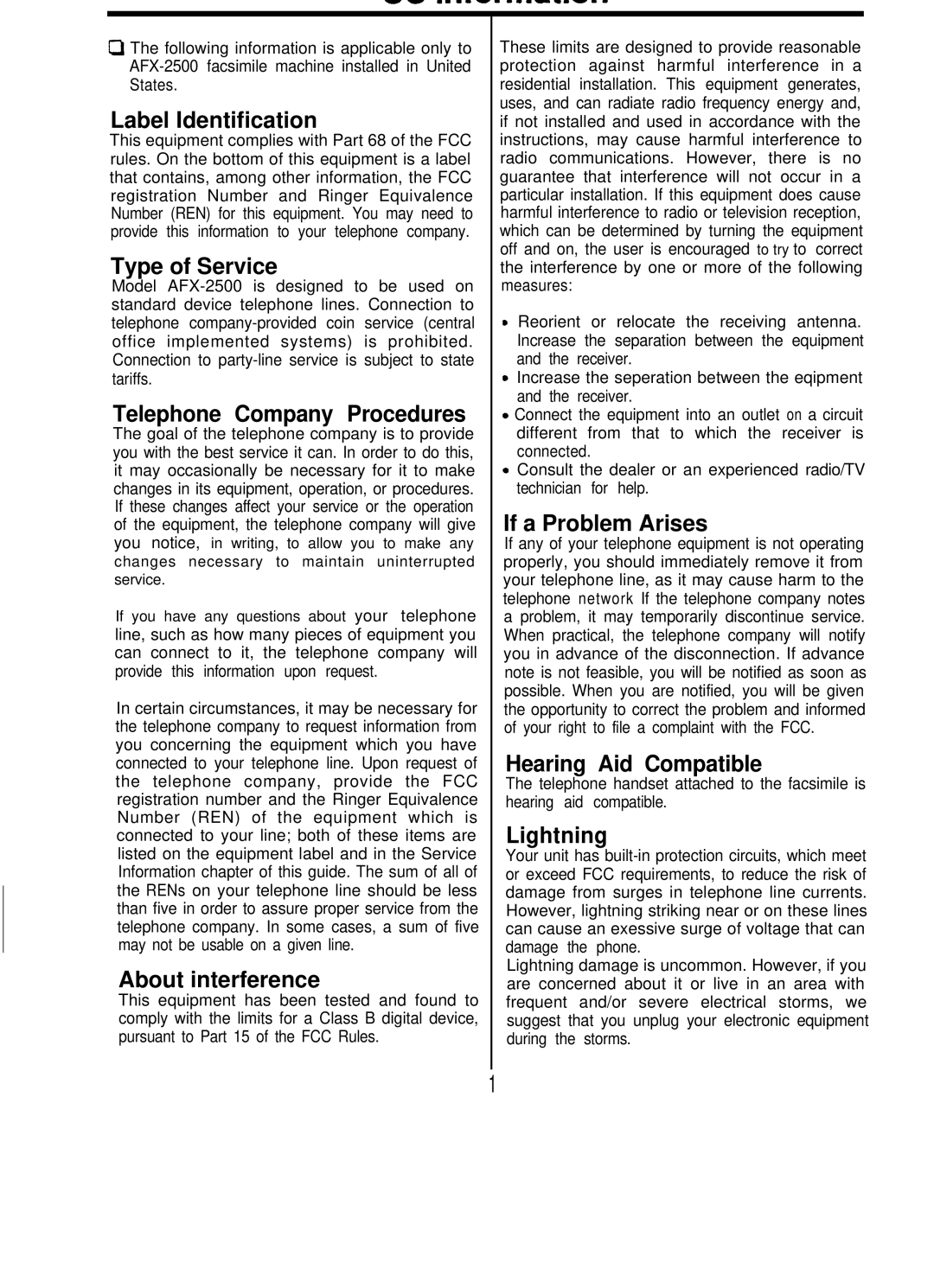 Audiovox afx-35, VE-500 Label Identification, Type of Service, Telephone Company Procedures, About interference, Lightning 