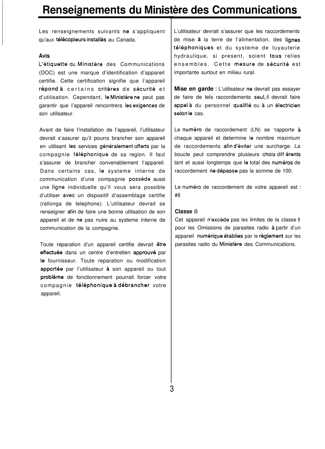 Audiovox afx-35, VE-500 manual Renseianements du Minis&e des Communications, Avis, Classe B 