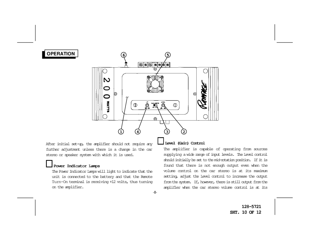 Audiovox AMP-592C owner manual Operation, Power Indicator Lamps, Level Gain Control 