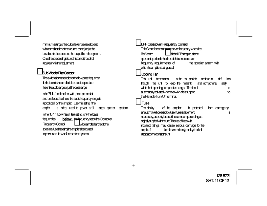 Audiovox AMP-592C owner manual Sub-Woofer Filter Selector LPF Crossover Frequency Control, Cooling Fan, Fuse 