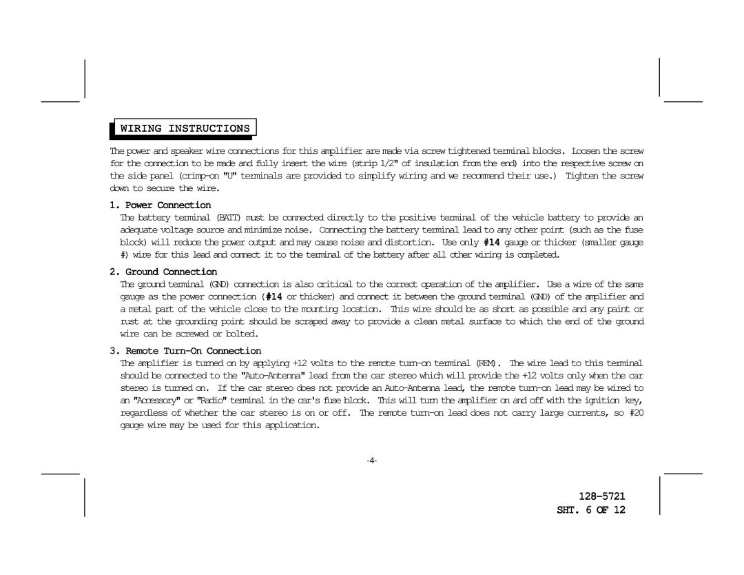 Audiovox AMP-592C owner manual Wiring Instructions, Power Connection, Ground Connection, Remote Turn-On Connection 