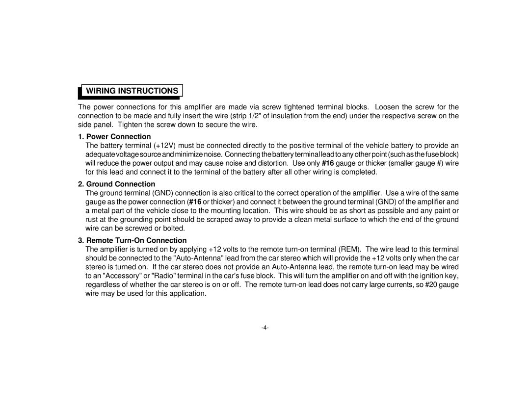 Audiovox AMP-602 manual Wiring Instructions, Power Connection, Ground Connection, Remote Turn-On Connection 