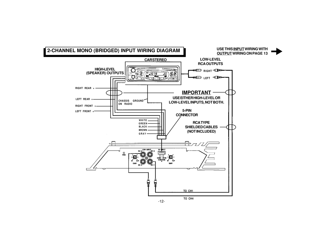 Audiovox AMP-610 manual Channel Mono Bridged Input Wiring Diagram 