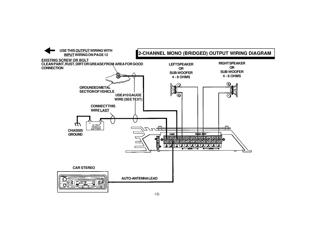 Audiovox AMP-610 manual Channel Mono Bridged Output Wiring Diagram 