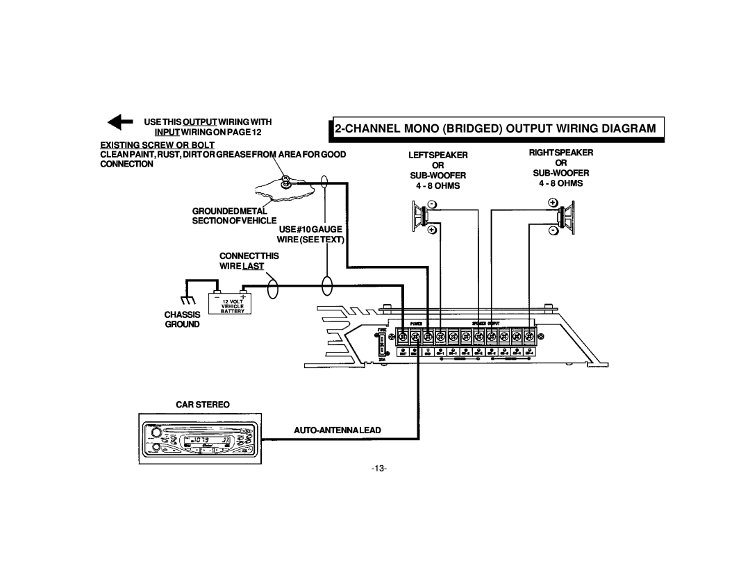 Audiovox AMP-610 manual Channelmono Bridged Output Wiring Diagram 