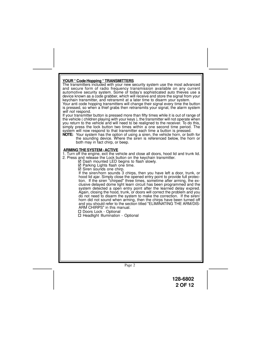 Audiovox APS-511C owner manual Your Code Hopping Transmitters, Arming the System Active 