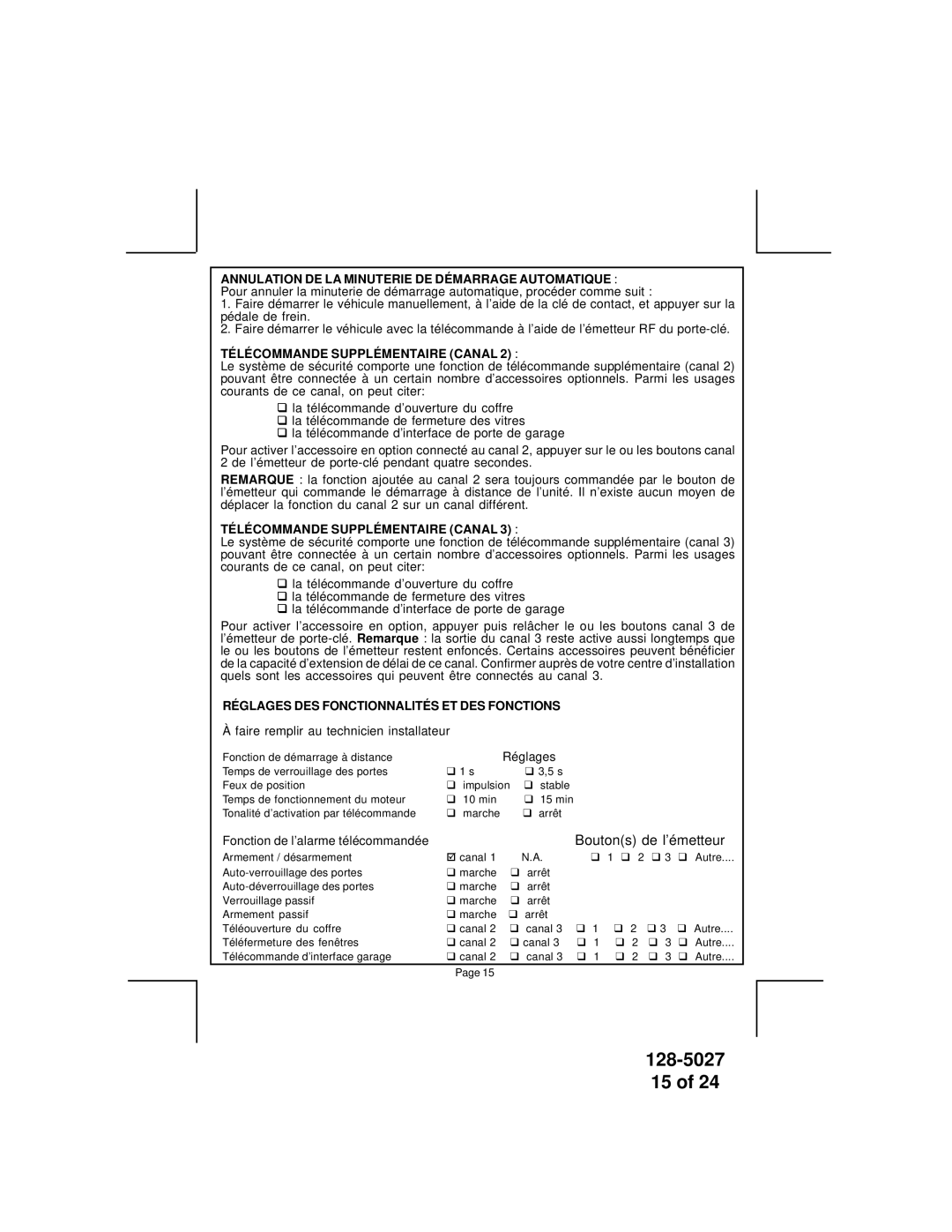 Audiovox APS-750 owner manual Annulation DE LA Minuterie DE Démarrage Automatique, Télécommande Supplémentaire Canal 