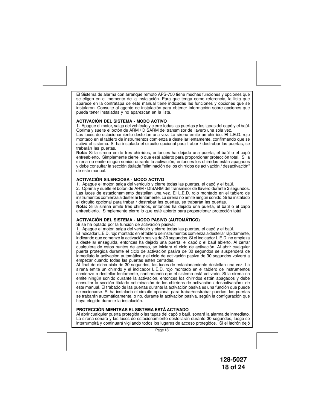 Audiovox APS-750 owner manual Activación DEL Sistema Modo Activo, Activación Silenciosa Modo Activo 