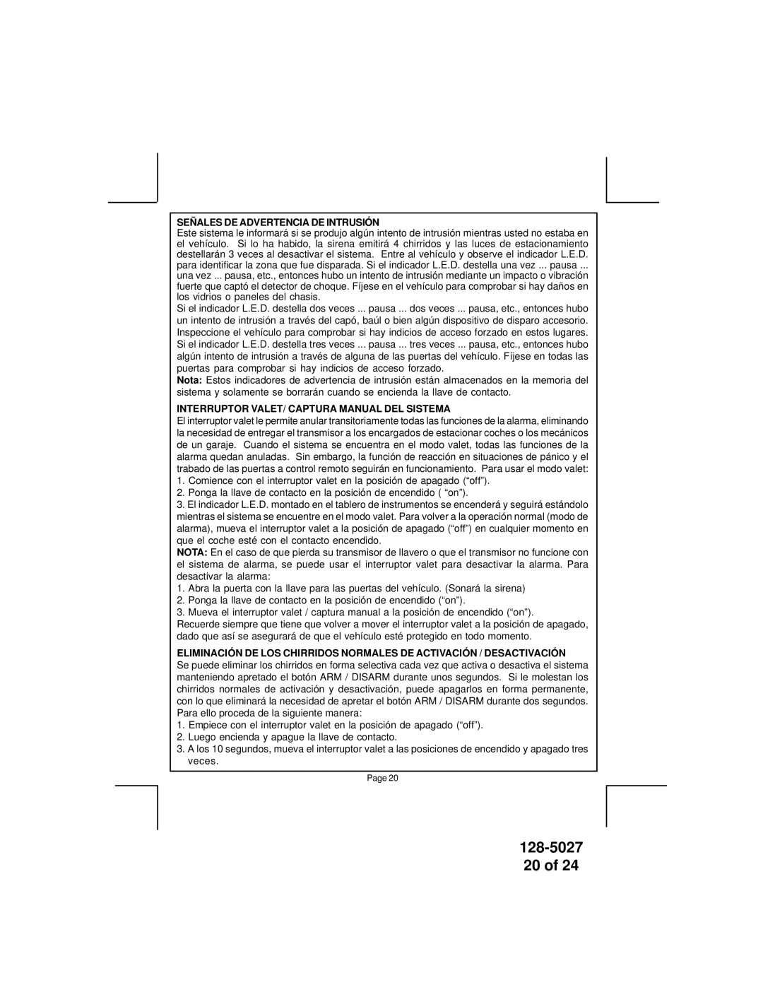 Audiovox APS-750 owner manual Señales DE Advertencia DE Intrusión, Interruptor VALET/ Captura Manual DEL Sistema 