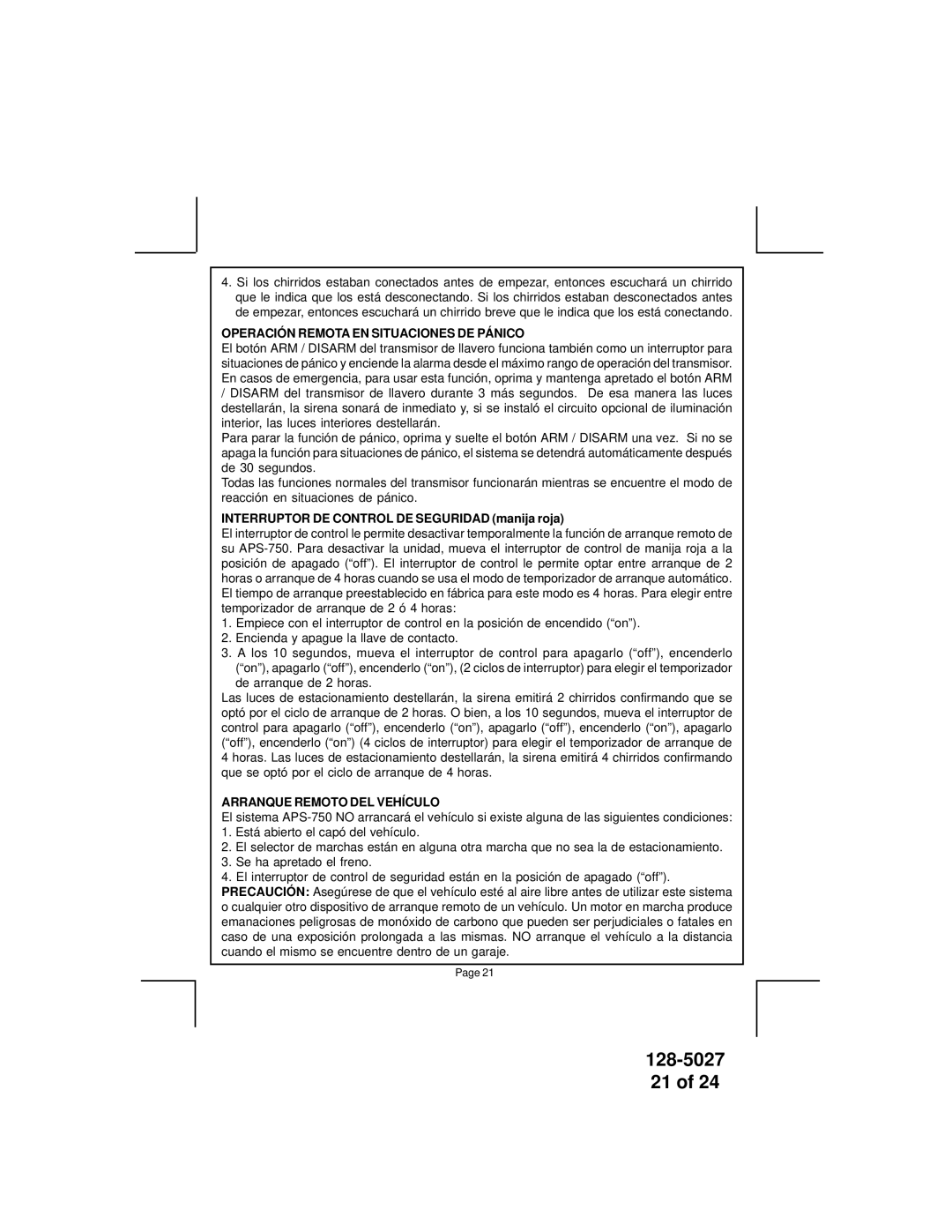 Audiovox APS-750 owner manual Operación Remota EN Situaciones DE Pánico, Interruptor DE Control DE Seguridad manija roja 