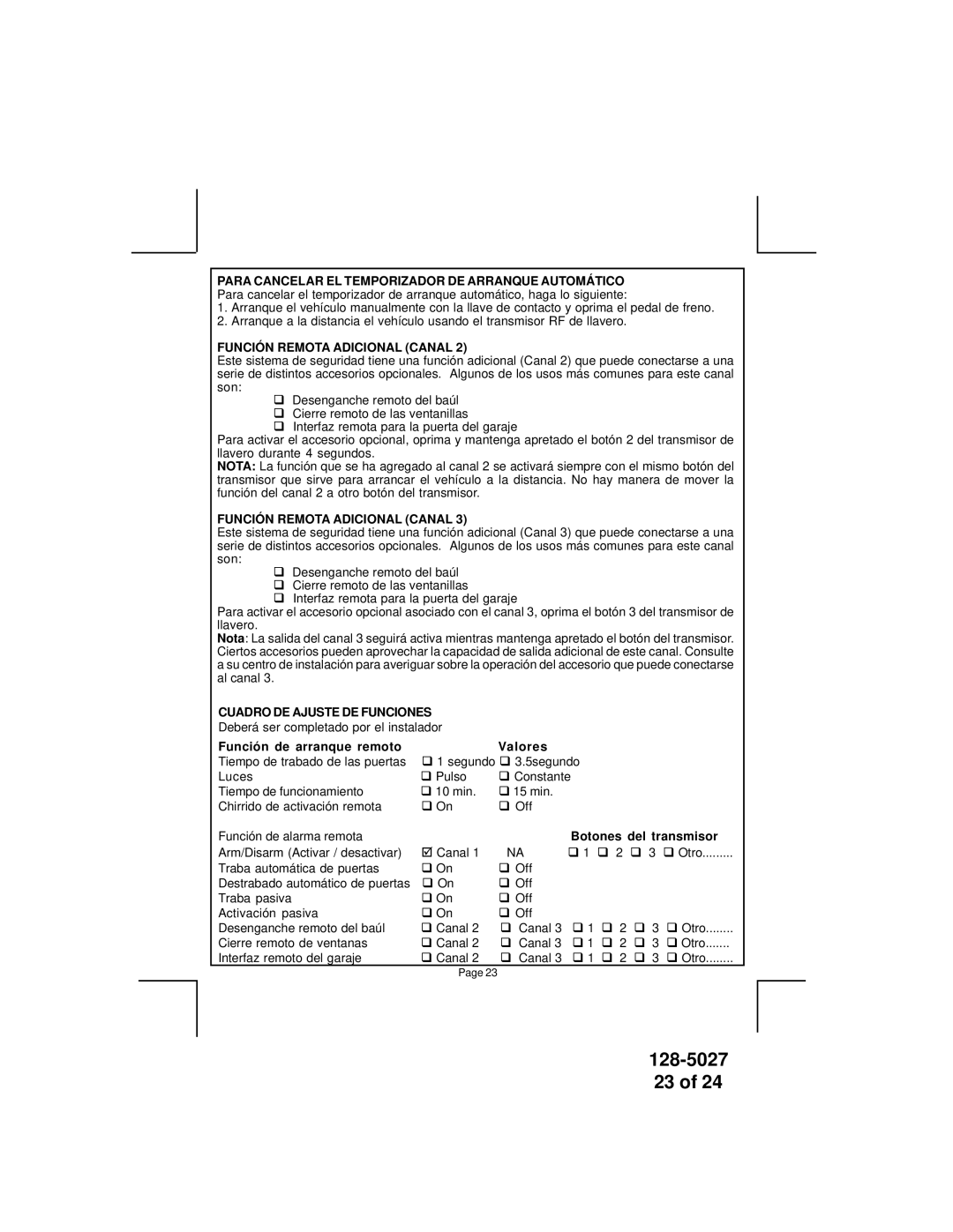 Audiovox APS-750 Función Remota Adicional Canal, Cuadro DE Ajuste DE Funciones, Función de arranque remoto Valores 