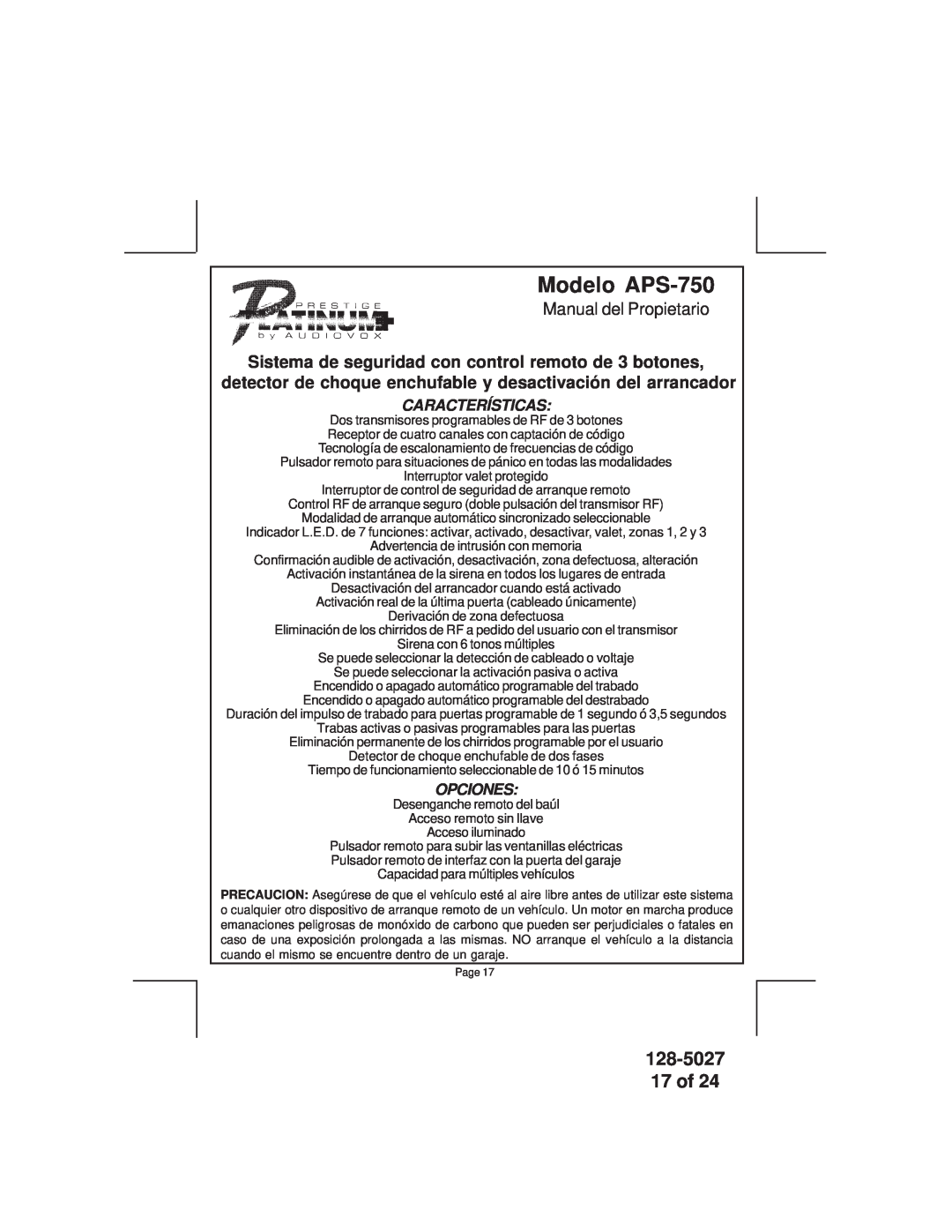 Audiovox owner manual Modelo APS-750, 128-5027 17 of, Manual del Propietario, Características, Opciones 